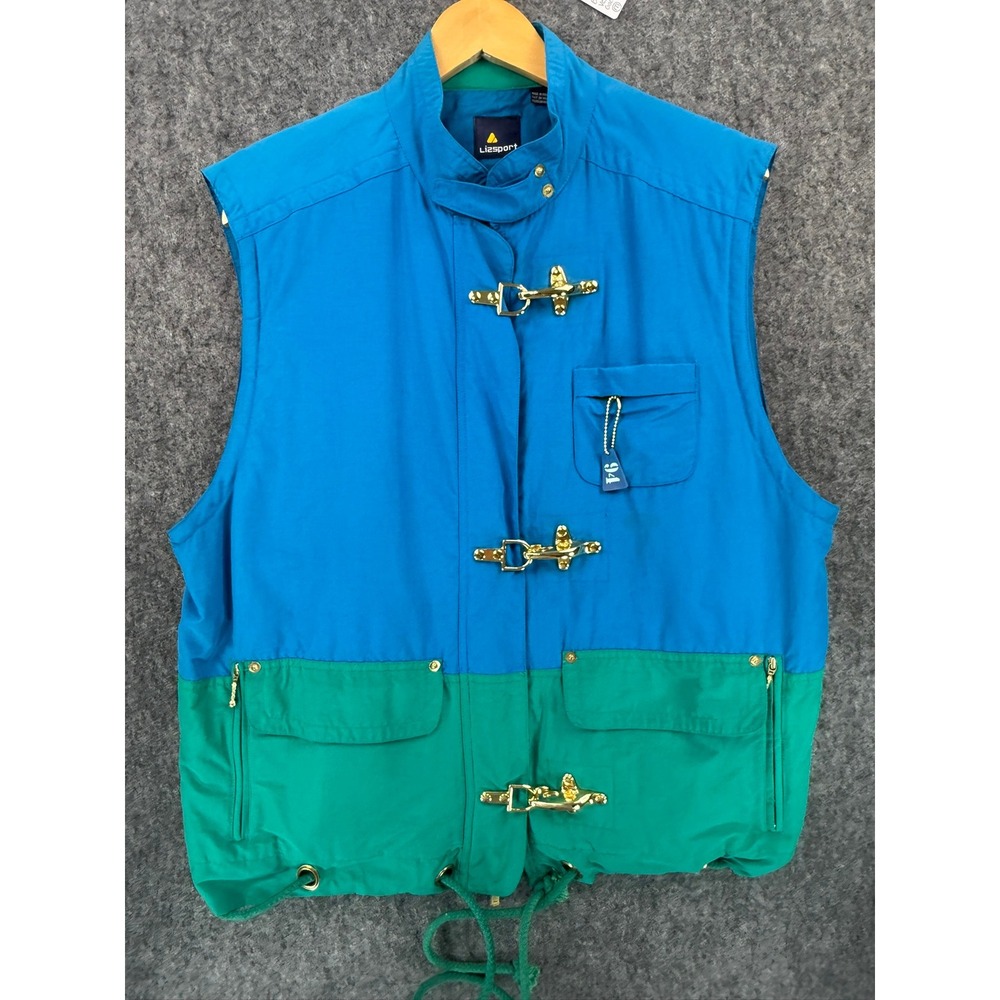 Lizsport Vintage Colorblock Vest Blue Green Lobster Claw Clasp Women Medium